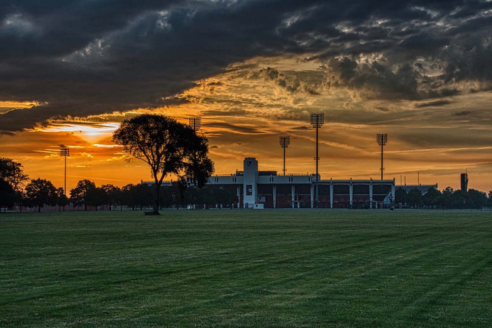 Sunrise over the stadium, Bowling Green State University, Ohio.